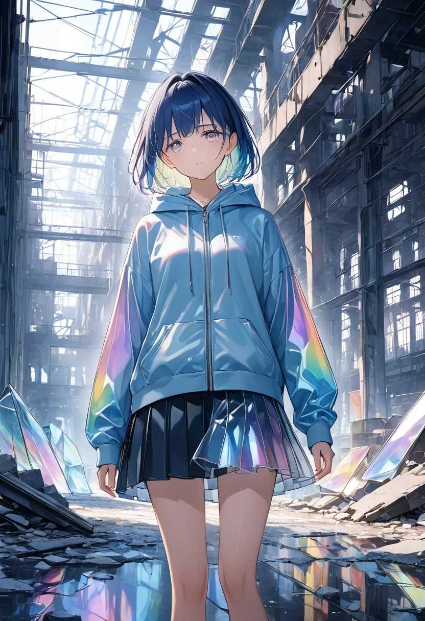 anime、((Amazingly absurd)),(masterpiece:1.2),超High resolution, Attention to detail, high quality, High resolution, 最high quality, 4K, 8k、Woman made of glass,The whole body is glass,Glasswork,transparentの体,Wearing clothes,hoodie,skirt,transparent,Light reflects,Standing among the ruins of a factory,Iridescent eyes,Sad face,tears,Iridescent glass,こぼれ落ちるtears,Sadness,Fleeting Feelings