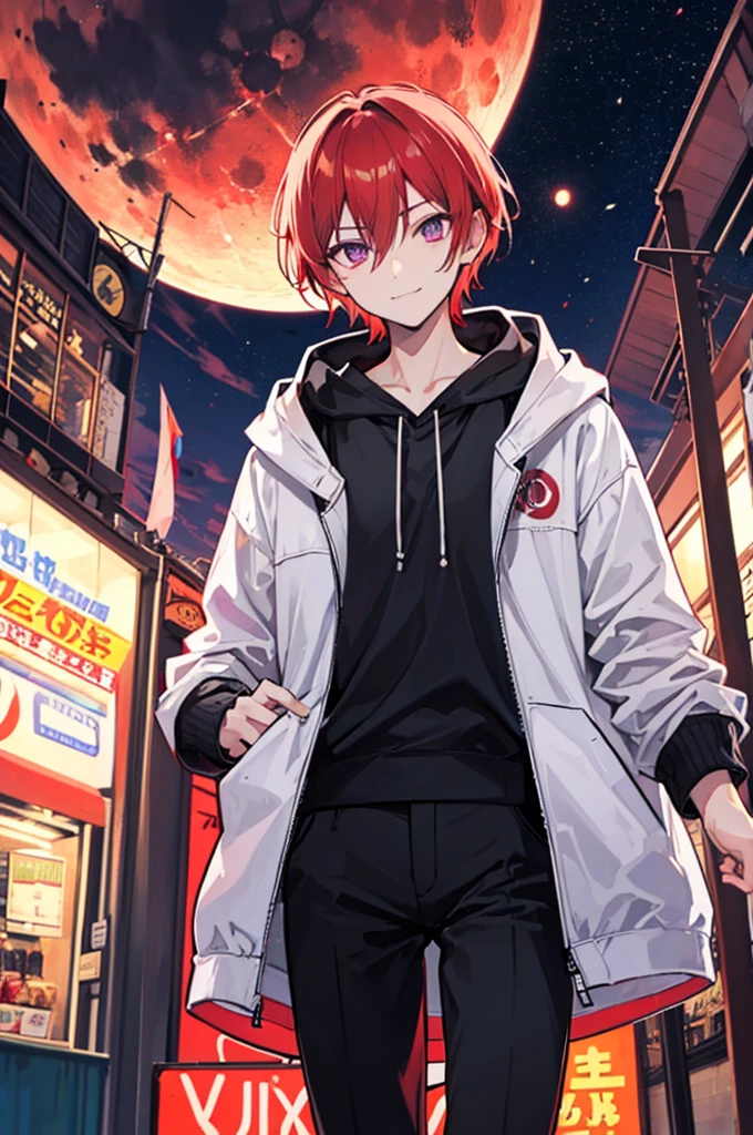 Face through torso, 1man, mature male in his 20s, short hair(Red hair, hair between eyes), sharp and masculine purple eyes(no highlights), sinister smile, mysterious aura like a mastermind behind all events, wearing white hoodie under casual jacket, black pants, controlling red death energy, standing in front of a closed amusement park's Ferris wheel at night with a blood-red moon in the background