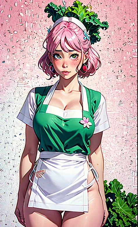 1 , alone, nakano nino, pink hair, butterfly hair ornament, (kale:1.3), (white apron), big breasts, cleavage, thighs, coffee bac...