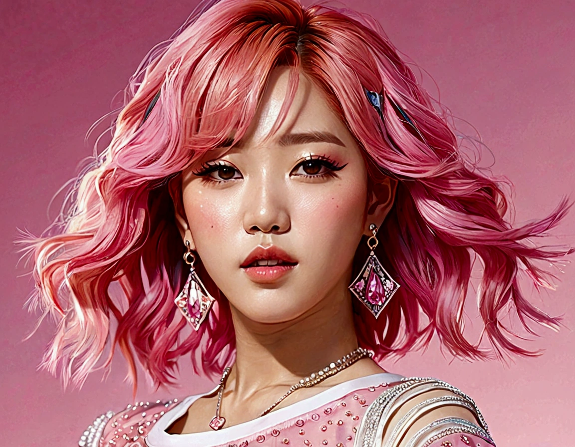 A very beautiful kpop singer with pink hair dancing 