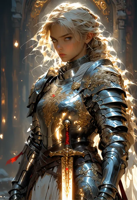 breathtaking a very detailed digital painting of a powerful knight in armor holding a large, shield decorated with heroic poses,...