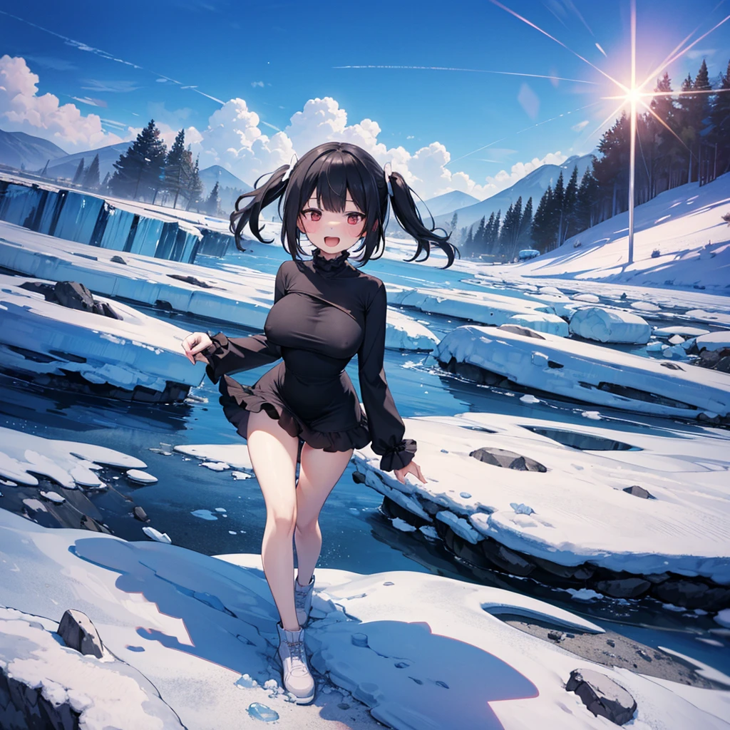 ice field, (solo), (1 skinny girl standing alone), swaying back, BREAK, black hair, two side up, red eyes, bursting large breasts, bouncing large breasts, very short torso, skinny narrow waist, skinny legs, BREAK, (frilled black mini dress with frilled long sleeve:1.2), high neck, closing chest, bared legs, thigh gap, BREAK, (smile for viewer), nose blush, open mouth, orgasm, (coverd erectile nipples)