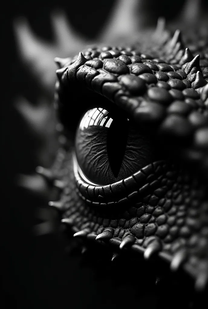 an eye of a dragon closeup in Nostalgic Noir, a scene inspired by black-and-white film noir, with moody, contrasting lighting highlighting the grey dramatic and mysterious atmosphere