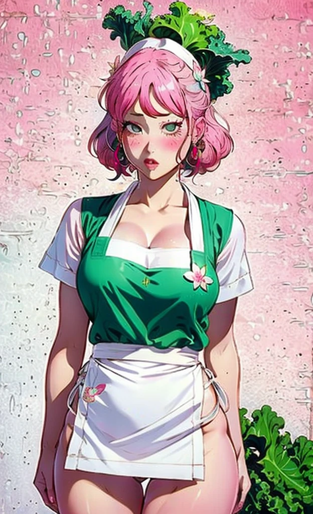 1 , Alone, Nakano Nino, pink hair, butterfly hair ornament, (Kale:1.3), (White apron), Big breasts, cleavage, thighs, Coffee background, (Blush:1.3)