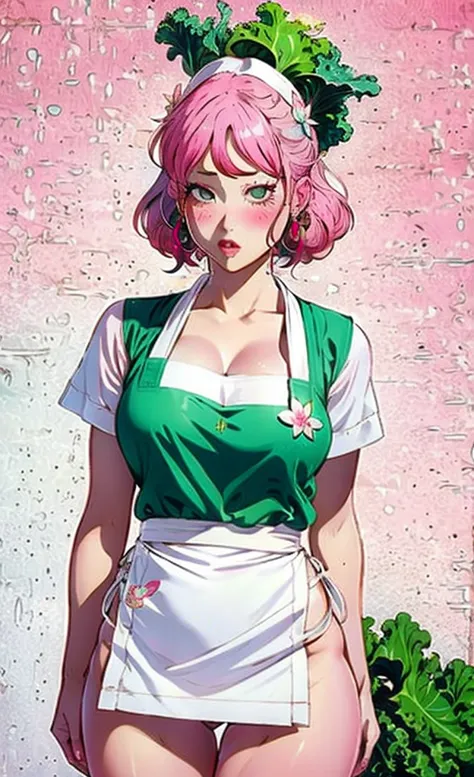 1 , alone, nakano nino, pink hair, butterfly hair ornament, (kale:1.3), (white apron), big breasts, cleavage, thighs, coffee bac...