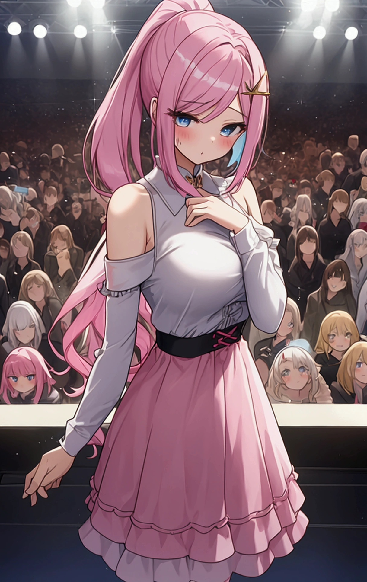 (masterpiece), (Best Quality), (Very detailed), (Dirty Hair), (figure), (1 girl) (Long Pink Hair 1.5) (blue eyes) (Double Ponytail 2.0), ((((No shoulders))), Big Breasts, Mini Dress, (Looking at the audience, (Interview), (Simple Background), Beautiful and delicate eyes, Delicate and beautiful face, Soar (High chroma), (Colorful Sparkling), Colorful bubbles, (Sparkling), Facial accents, Perfect NwsjMajic, Conservative dress, Shoulderless, Autumn Clothes, Facing the Public, Perfect Girl, whole body, フルボディ, POV