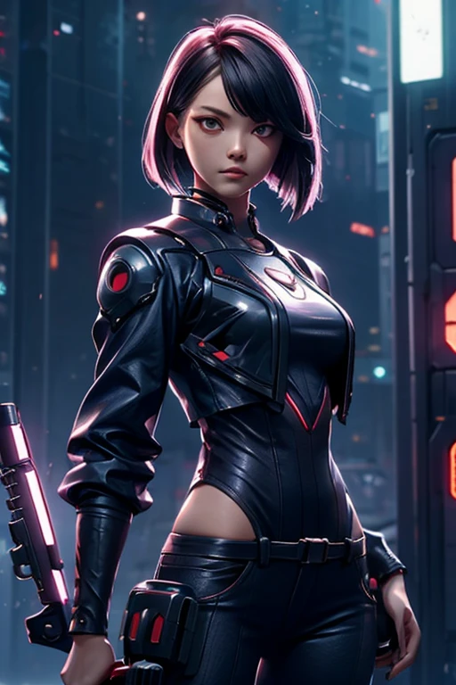 A female samurai with a cyborg half-body、cyber punk、Grab a gun、Estimated Age25 Year、Bodysuits that fit the body、skinny、skinny pants、Casual wear、Wear a half-coat、Combat Ready