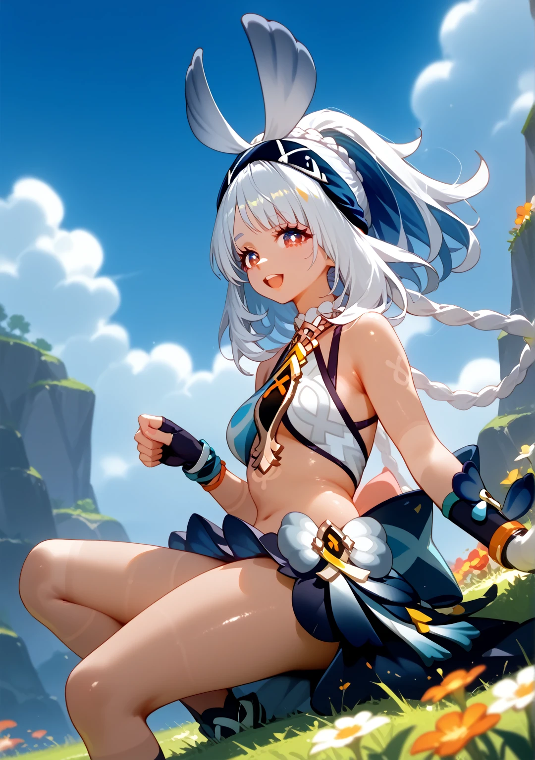 Highest quality, Highest quality, High quality illustrations, masterpiece, Ultra-high resolution, Detailed Background, Absurd, Perfect Anatomy, performance, Good lighting, Shadows in the movies, 1 girl, solo, mualani_\(genshin_impact\), alternate costume, medium breasts, wearing dino onesie, outdoors, rocky area, fire flowers, grass, blue sky, from side, arched back, paw posture, open mouth, bewitching thighs, gleaming, shiny skin, shiny, two beautiful legs