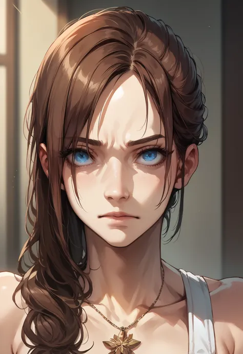 best quality, masterpiece, claore redfield, resident evil, brown hair, shor hair, deep blue eyes, perfect face, perfect body, se...