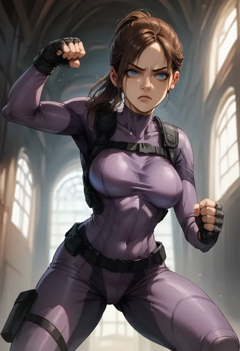 best quality, masterpiece, claore redfield, resident evil, brown hair, shor hair, deep blue eyes, perfect face, perfect body, se...