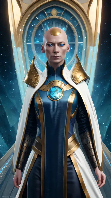 (tilda swinton) as kronika from mortal kombat, blue eyes, black sclera, bald, gold head cap, white robe, shoulder armor, long sl...