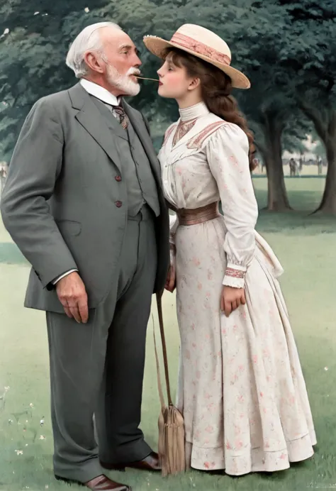 a gorgeous 14yo gibson girl (((kissing a horny 69yo gentleman))) in a park. year 1902. (((1900_dr3ss))). short girl with an hour...