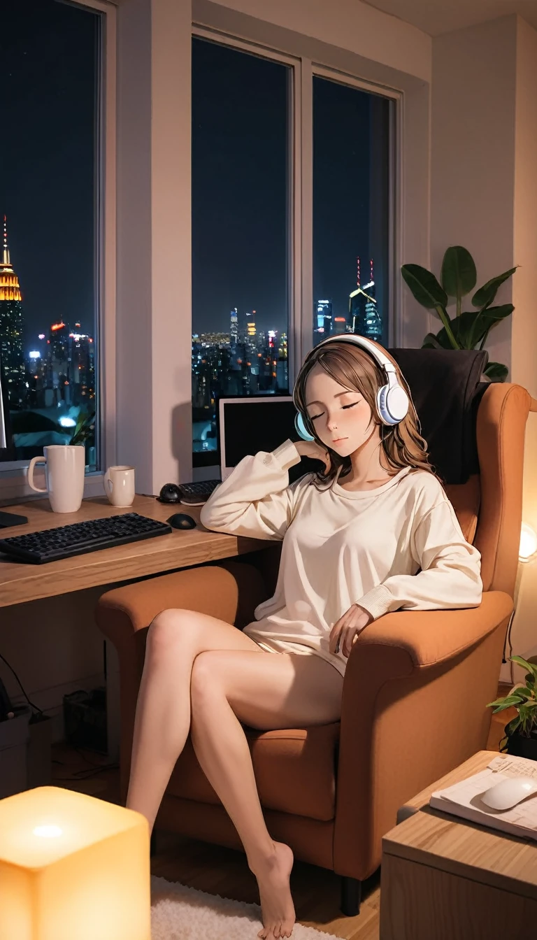 A young woman is sitting comfortably in a modern, cozy room with a cityscape visible through a large window at night. The main object of focus is the woman, who appears to be in her late teens or early twenties. She has long, wavy brown hair and is wearing a pair of large over-ear headphones. Her eyes are closed, and she has a serene, relaxed expression on her face as she listens to music. The woman is seated in a plush armchair, which is positioned to the right of a wooden desk. On the desk, there is a modern desktop computer, a ceramic coffee mug, and a small potted plant. A desk lamp with a warm, yellow glow is placed on the left side of the desk, casting a soft light over the scene. The light from the lamp is the primary light source, illuminating the woman and creating gentle shadows around her. In the background, the large window offers a stunning view of the city at night, with numerous skyscrapers and their illuminated windows creating a vibrant, urban atmosphere. The room itself is painted in neutral tones, with the walls adorned with minimalistic decor. The overall color scheme of the image features warm tones from the lamp and the cooler tones of the night cityscape, creating a balanced and visually appealing contrast. The perspective of the image is from a slight angle, allowing for a clear view of the woman, the desk, and the background cityscape. The size of the image is rectangular, with a wide aspect ratio that captures the breadth of the scene. The theme of the image is calm and relaxation, with an emphasis on the soothing environment and the woman's peaceful state.