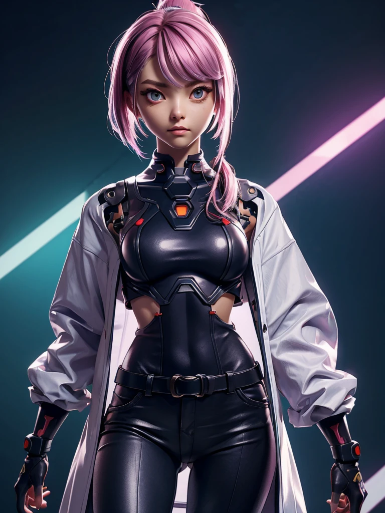 close ups, A female samurai with a cyborg half-body、cyber punk、Estimated Age25 Year、Bodysuits that fit the body、skinny、skinny pants、Casual wear、Wear a half-coat、Combat Ready