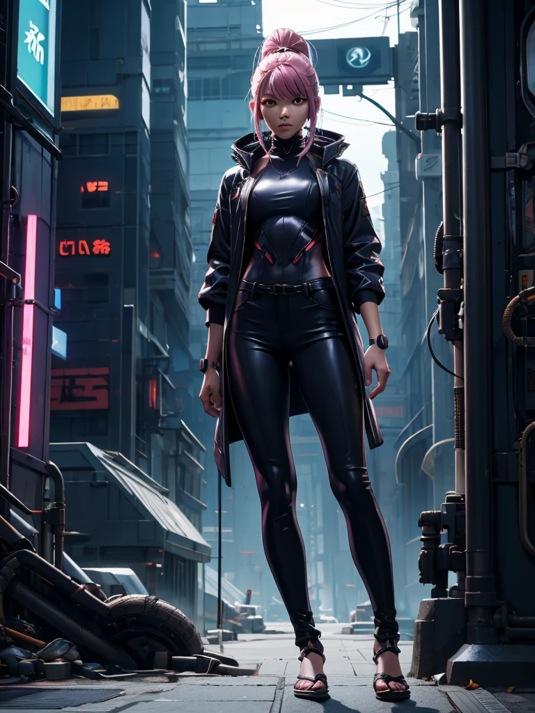 A female samurai with a cyborg half-body、cyber punk、Estimated Age25 Year、Bodysuits that fit the body、skinny、skinny pants、Casual wear、Wear a half-coat、Combat Ready