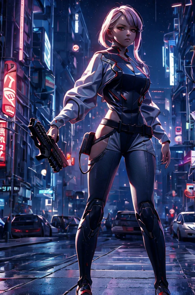 A female samurai with a cyborg half-body、cyber punk、Grab a gun、Estimated Age25 Year、Bodysuits that fit the body、skinny、skinny pants、Casual wear、Wear a half-coat、Combat Ready