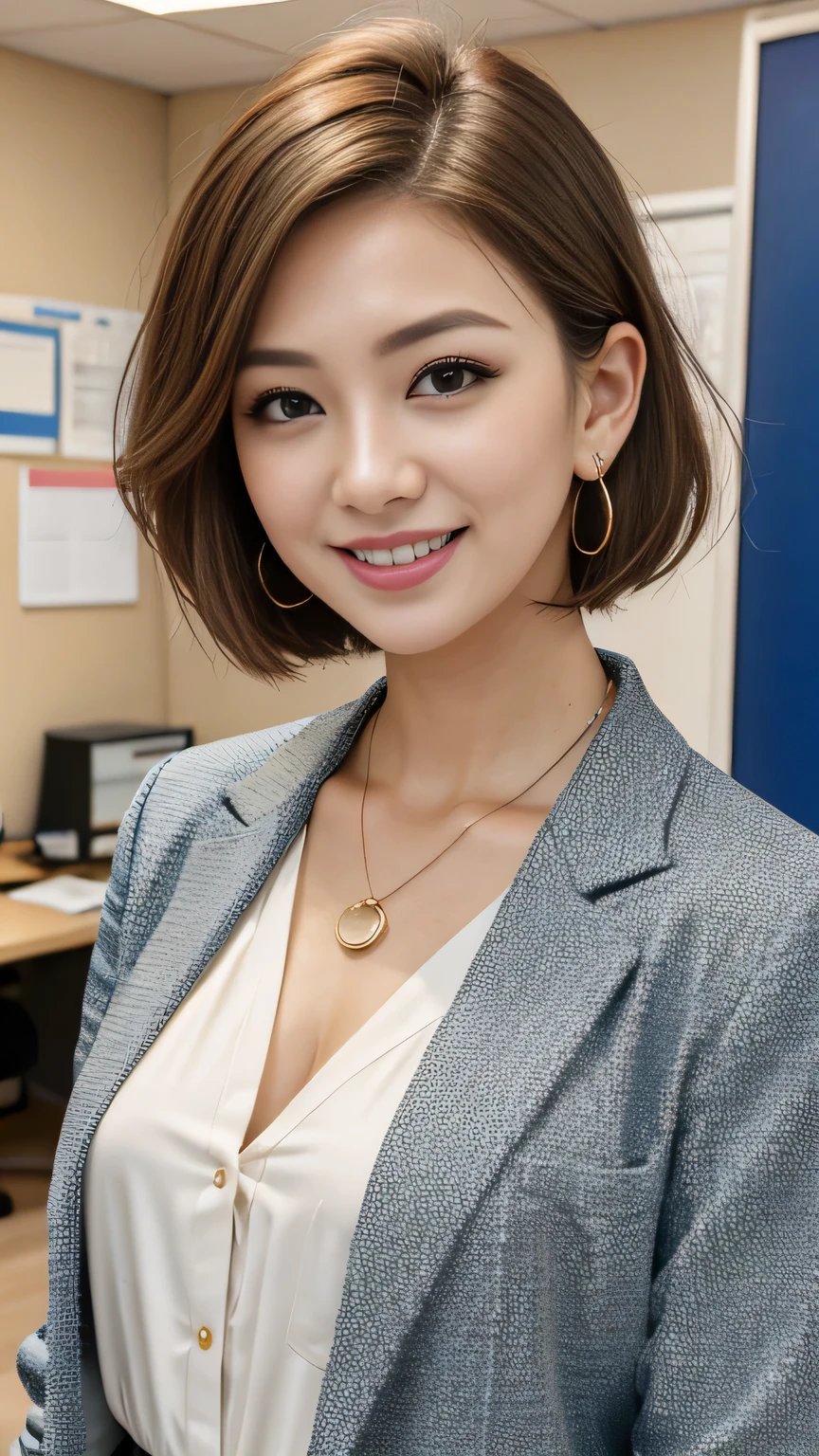 RAW Photos, High resolution, Very detailed, Intricate details, 、ear piercing、、short hair、Light brown hair、、Office Lady Suits 、Jacket、shirt、、smile、Heavy makeup、Necklace around the neck、, The background is the office
