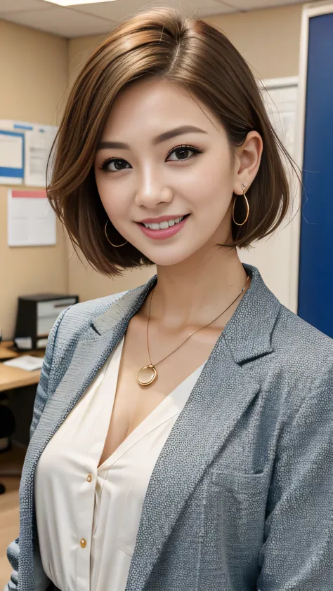 raw photos, high resolution, very detailed, intricate details, 、ear piercing、、short hair、light brown hair、、office lady suits 、ja...