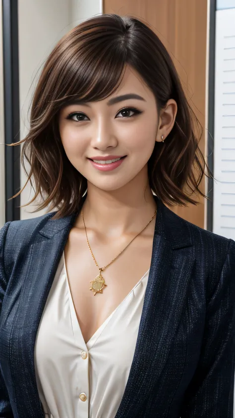 raw photos, high resolution, very detailed, intricate details, 、ear piercing、、short hair、black hair、、office lady suits 、jacket、s...