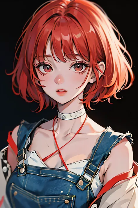 punk_girl,bobcut, bright red hair, strong natural perm, has a bandage on his nose , tube tops, distressed denim overalls, wearin...