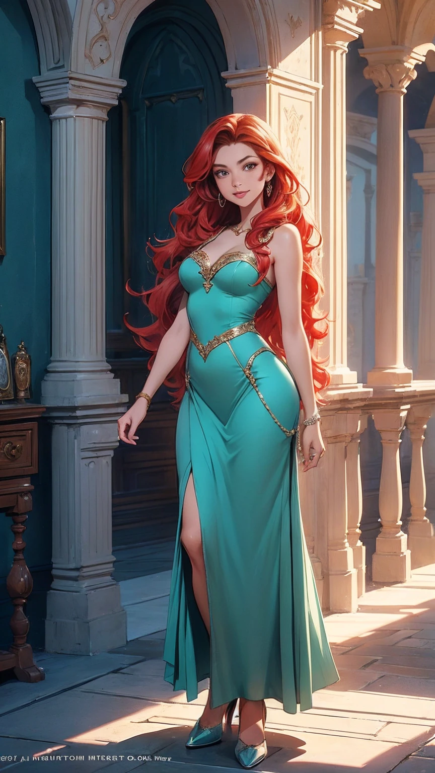 (((full body photo))), (best quality, masterful work), Ariel of disney, 1girl, straight hair, wavy red hair, wide smile, supportive and comfortable, inside a castle, long hair
