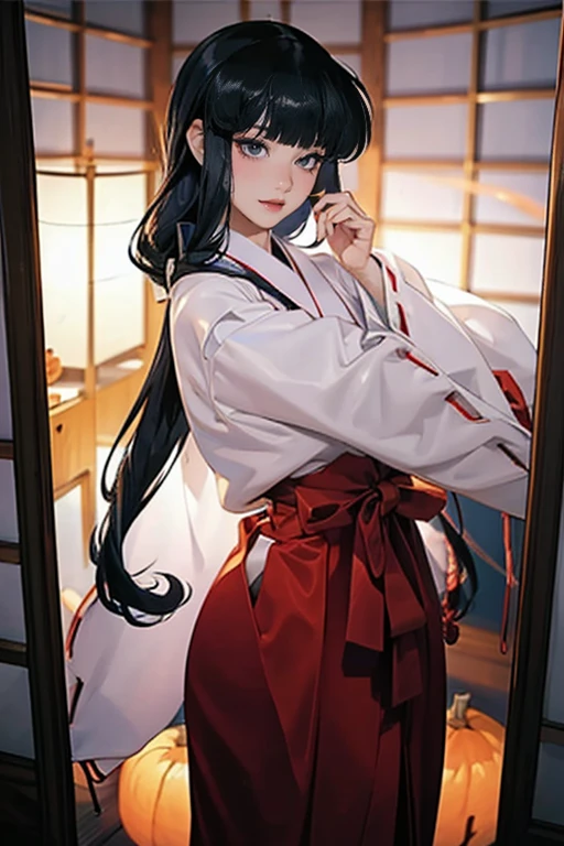 a beautiful Japanese woman looking at her reflection in a mirror, extremely detailed face, beautiful eyes, long eyelashes, detailed lips, elegant hairstyle, wearing a sexy Halloween costume, mirror zoom effect, high quality, 8K, hyper detailed, masterpiece, best quality, ,赤い袴,