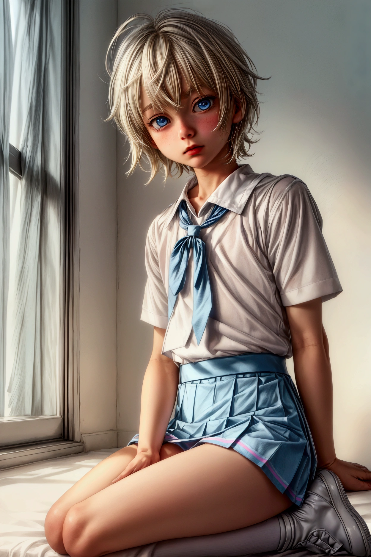 Anime style, Highres, Masterpiece, Best quality at best, Best Quality, hight quality, hight detailed, 1boy, (little boy), blonde boy, perfect boy body, cute boy, detailed light blue eyes, short hair, messy hair, pastel rainbow inner hair color mesh, Neutral Facial Features, wears white sailor suit, boy chest, pink tie, Blue sailor skirt, mini skirt, without breasts, beautiful long legs, white stockings over knee, perfect black school shoes, perfect boy body, classroom at school, highest quality,