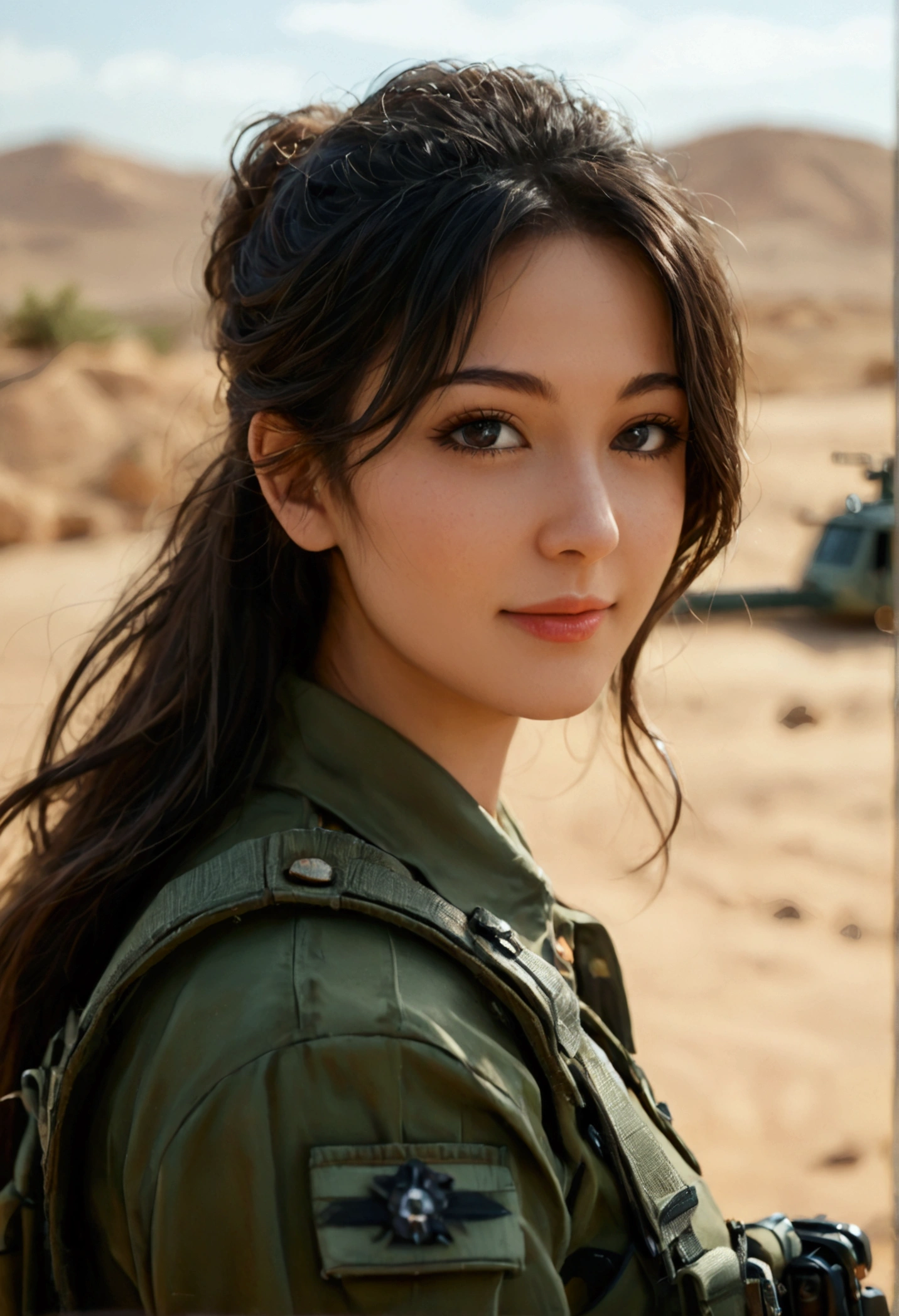 score_9, score_8_up, score_7_up, 8k, best quality,high resolution，High-resolution details， Extremely detailed:1.37), Aliana, 1, A beautiful Korean girl, Smiling gently at the camera，Wearing the uniform with pride, （full-body shot）Representing her role as a soldier. She&#39;s wearing a sexy military uniform. high resolution image capture ultra-fine realistic feel, highlighting Aliana's determined expression, Sharp eyes, and a confident attitude. Military helicopter in the desert in the background, Adds authenticity and meaning to the image. This visually striking representation showcases Aliana's strength and dedication as a soldier.