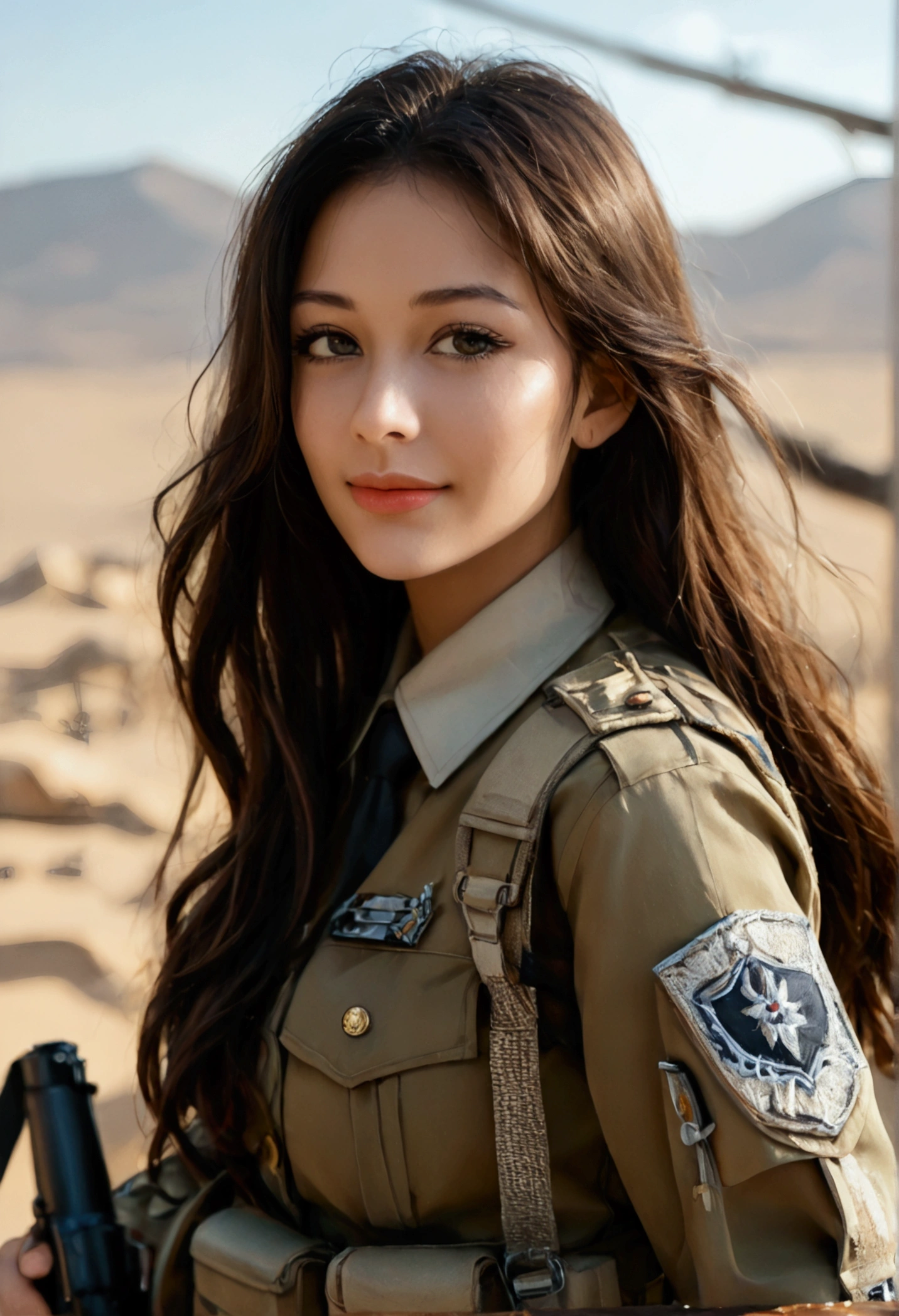 score_9, score_8_up, score_7_up, 8k, best quality,high resolution，High-resolution details， Extremely detailed:1.37), Aliana, 1, A beautiful Korean girl, Smiling gently at the camera，Wearing the uniform with pride, （full-body shot）Representing her role as a soldier. She&#39;s wearing a sexy military uniform. high resolution image capture ultra-fine realistic feel, highlighting Aliana's determined expression, Sharp eyes, and a confident attitude. Military helicopter in the desert in the background, Adds authenticity and meaning to the image. This visually striking representation showcases Aliana's strength and dedication as a soldier.