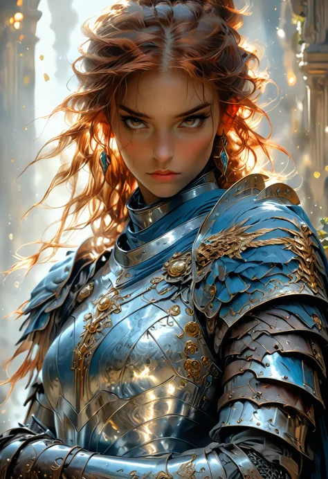 breathtaking a very detailed digital painting of a powerful knight in armor holding a large, shield decorated with heroic poses,...