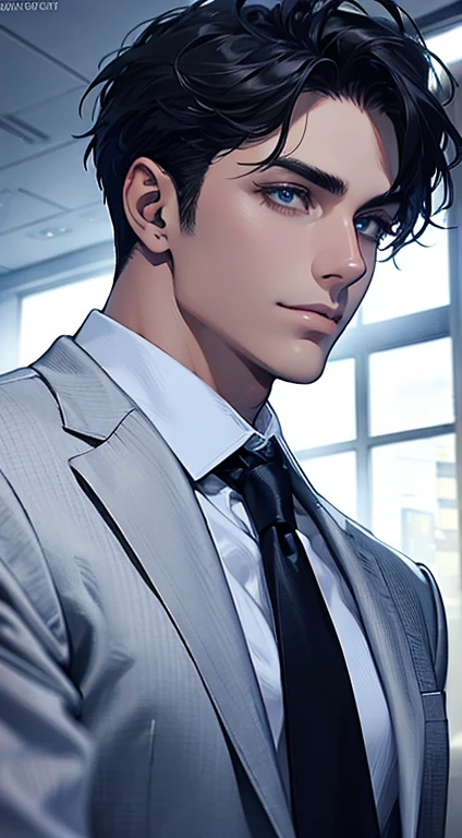 (Highest quality,4K,8K,High resolution,masterpiece:1.2),Super detailed,(Realistic,photoRealistic,photo-Realistic:1.37),1 personld,Mature Man,Beautiful skin、Profile、very handsome,Expressionless,smile,Short gray black hair,blue eyes,Sharp Eyes,A perfect face without a doubt,Businessman,Office Background,Cinema Lighting,HDR image,tie.