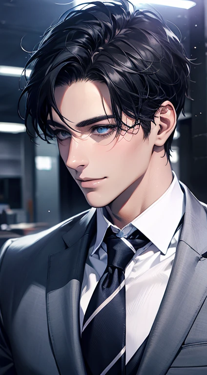 (Highest quality,4K,8K,High resolution,masterpiece:1.2),Super detailed,(Realistic,photoRealistic,photo-Realistic:1.37),1 personld,Mature Man,Beautiful skin、Profile、very handsome,Expressionless,smile,Short gray black hair,blue eyes,Sharp Eyes,A perfect face without a doubt,Businessman,Office Background,Cinema Lighting,HDR image,tie.