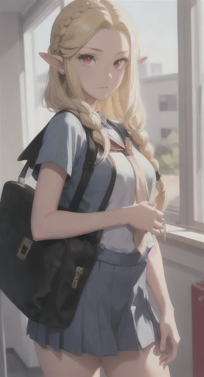 Modern Hylian, Highschool student, Hylia, blonde, red eyes, royal braids, looking at viewer, Triforce highschool, long messy hair, modern Hyrule, School,