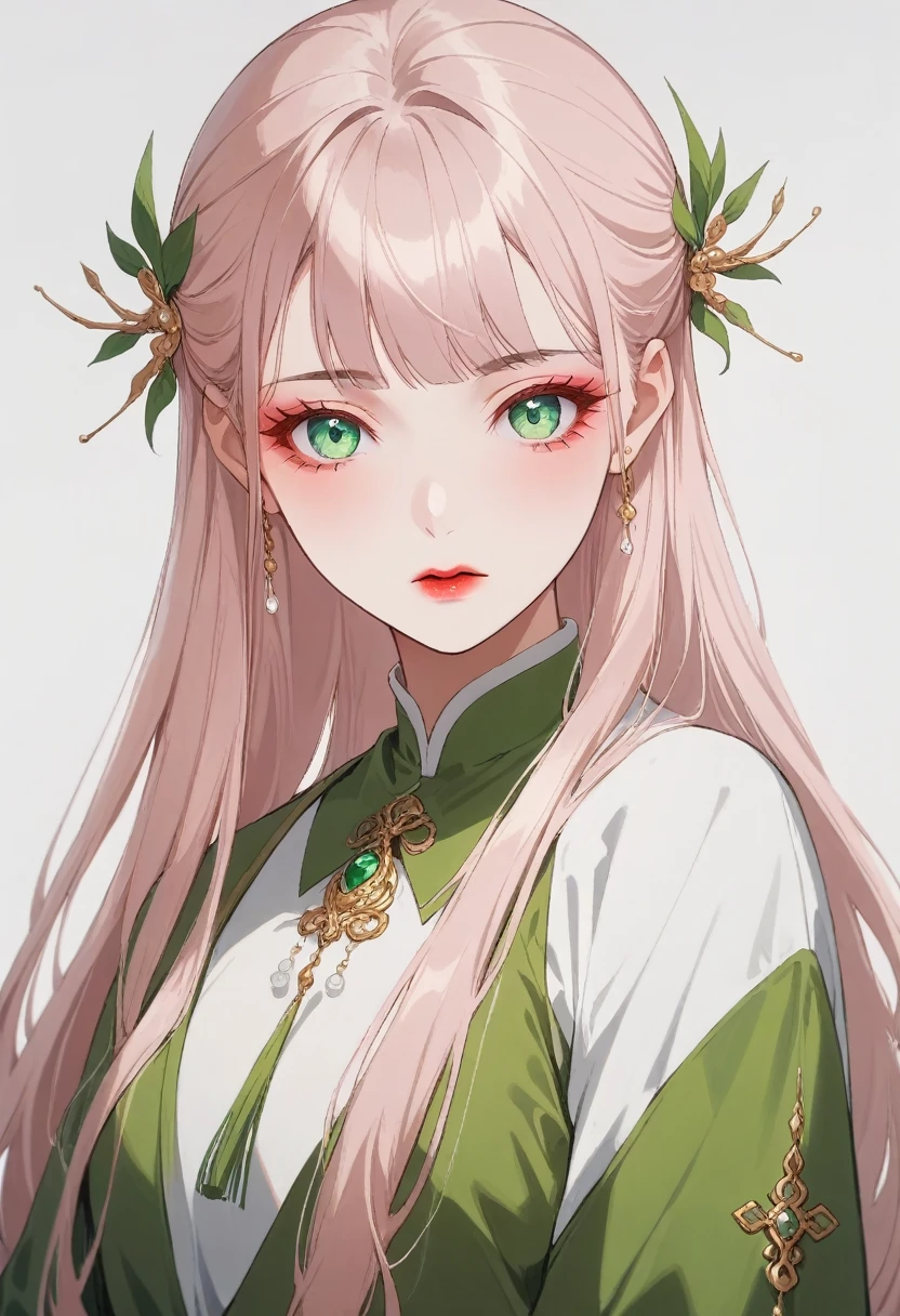 luzao\(EOE\),one girl,solo,(masterpiece, best quality:1.2), 1 Girl, Solitary, Skin details, Beautiful facial features, Exquisite makeup, green eyes,Exquisite eyes, Eye details,long hair,pearl pink hair,boring_sdxl_v1, SimplePositiveXLv2, unaestheticXL_bp5, AissistXLv2