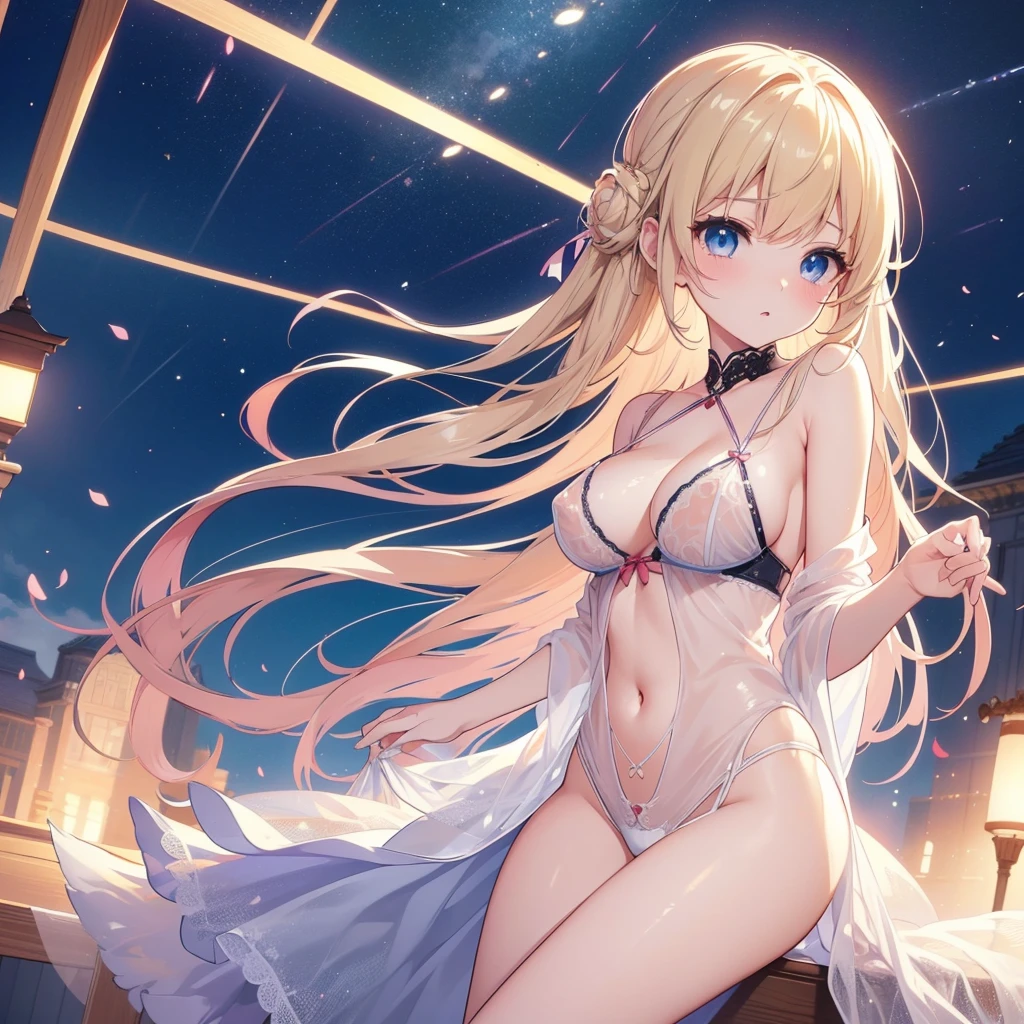 Anime Girls, Anime Style 4 k, Digital anime illustration, digital anime art, Anime Style. 8k, Anime Moe Art Style, anime art wallpaper 4k, anime art wallpaper 4k, Anime Style illustration, Smooth anime CG art, detailed digital anime art, Anime Art Wallpapers 8K, Realistic Anime 3D Style、One girl, lingerie、Sheer white underwear、blondes、Blushing, blue eyes, Nipple erection、Sensual facial expression、Large Breasts,((See-through underwear))、