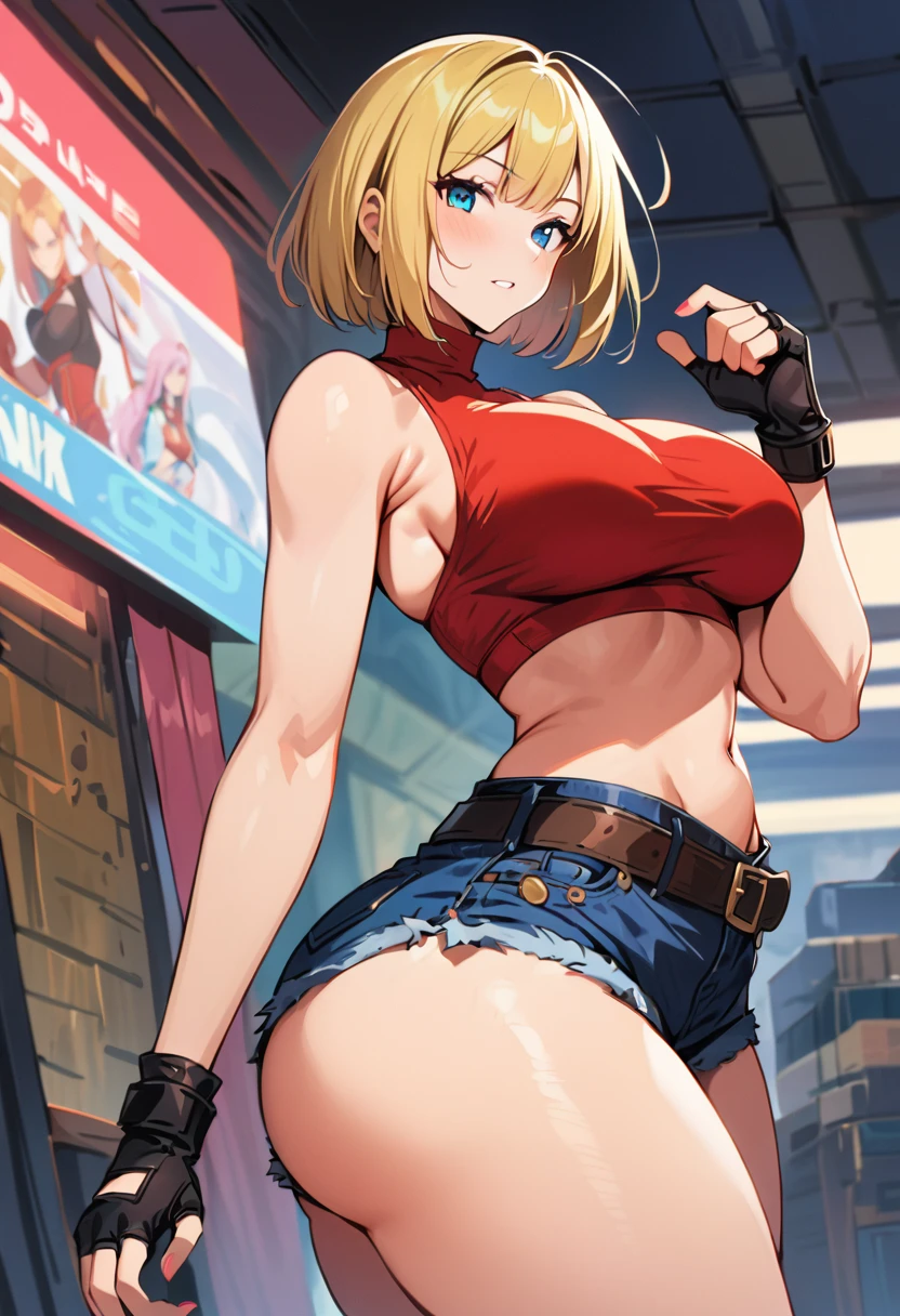 Blue mary, king of fighters game, blonde hair, bob cut, red sports bra, denim shorts, waist belt, big breasts, fit body, wide curvy hips, big ass, detailed face, masterpiece, 4k, 8k,