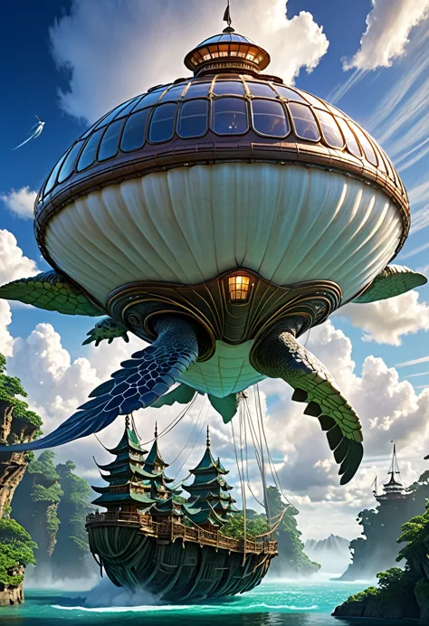 an enormous, fantastical creature that resembles a giant sea turtle, but on a massive scale, serving as a living airship. its bo...