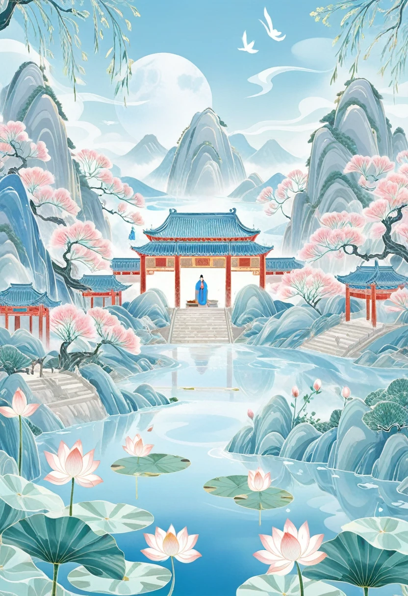 Symmetrical composition，In the front is a little student studying，Confucius is behind，Mount Tai，Lotus，willow，Ancient buildings。Interspersed with spring water。The overall color is blue。