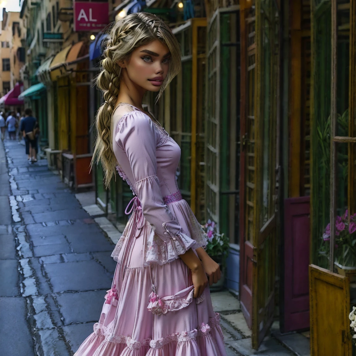 slmn, sara sampaio,1girl, skinny,  petite, (blonde_hair), masterpiece,best quality,highres,ultra-detailed,aadarjeeling,braid,bangs,medieval,long sleeves, rapunzel dress is a pink-colored gown with puffed sleeves and a corset-style bodice. The bodice is typically decorated with intricate lace or floral embroidery. The skirt flows out from the waist, made of layers of soft, pastel-colored fabric, such as chiffon or tulle.old village,standing,:smile, from side