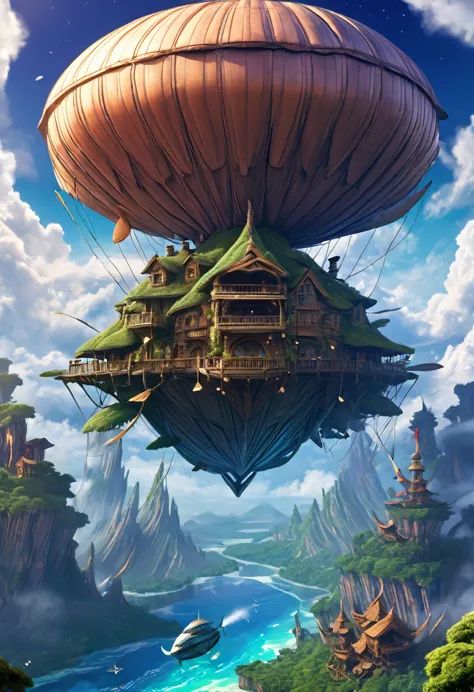 an enormous, fantastical creature that resembles a giant sea turtle, but on a massive scale, serving as a living airship. its bo...