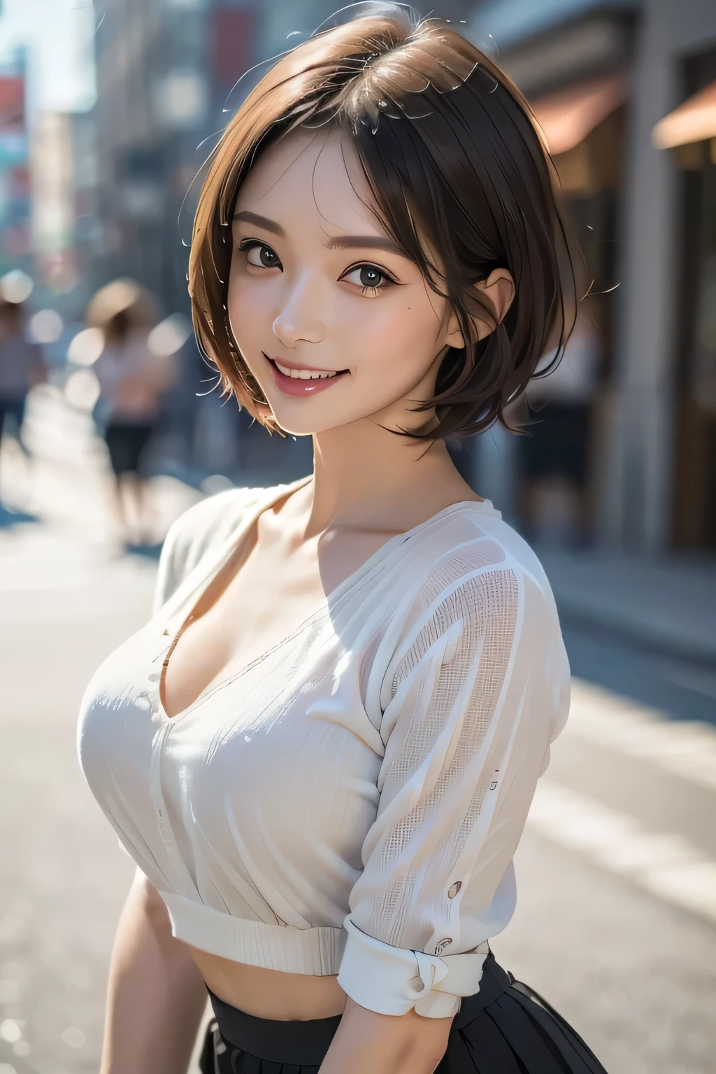 (8k,masterpiece, RAW Photos,Best Quality:1.4),(Realistic:1.2),(extremely Detailed face),(Shiny skin),(Detailed skin),(Detailed face),(Very beautiful face),One Girl,Show Viewer,Japanese Idols(actress), Brown Hair,Medium Hair,Straight Hair,smile,Attractive,Big Boobs, (A casual shirt and a tight mini skirt), City streets, (Accentuate your cleavage),High Position,Professional Lighting