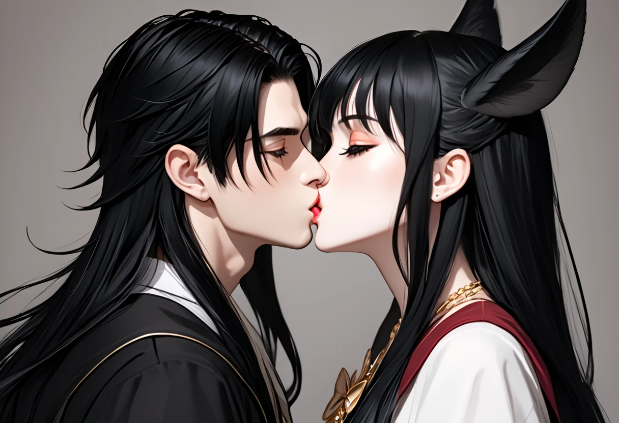 Blond pointy-eared boy and woman(Long black hair)Kiss