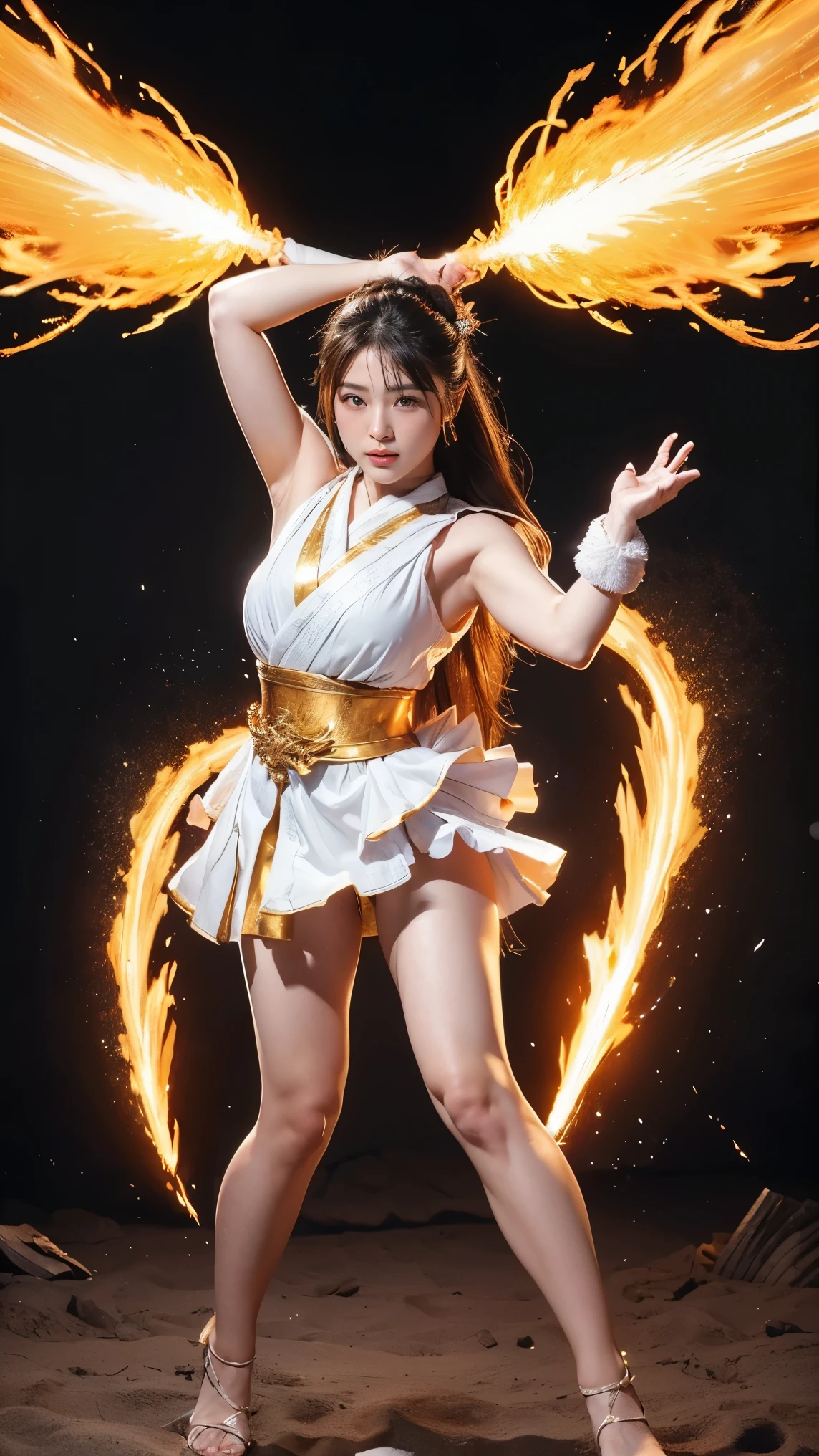 ((Best Quality、8k、masterpiece:1.3))、Realistic, Sharp focus, High resolution, High resolution,  Alone, Full body photo、Japanese, Beautiful woman,Goddess Dress、Unleashing Power、Explosive Energy、thunder、Kamehameha、inflammation、kienzan,makankosappo,