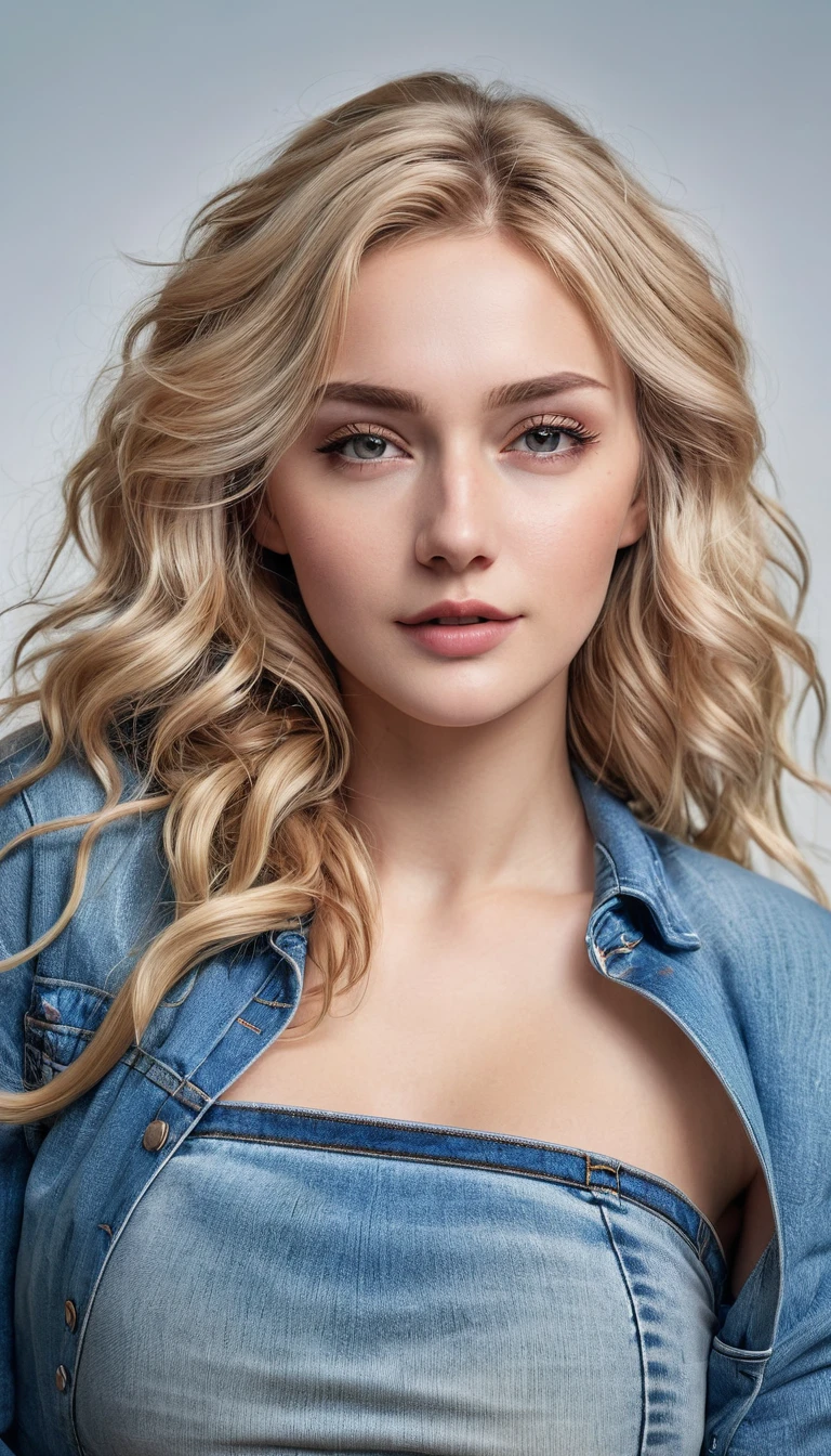 An attractive woman with long, wavy blonde hair, Youngh, semi-tied hair, curved, sexly, cropped rosa, jeans, hyper realistic absurdity, CRU photo, UltraHD 8K, high qualiy, film grain, (highly detailed skin:1.2)
