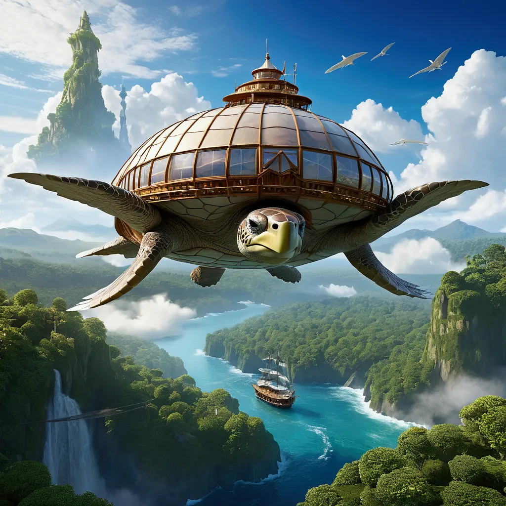 an enormous, fantastical creature that resembles a giant sea turtle, but on a massive scale, serving as a living airship. its bo...