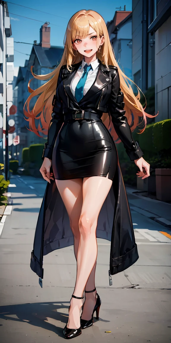 Marin Kitagawa,(best quality:1.6, highres), (beautiful detailed eyes:1.2), elevated, high-quality, beautiful face, 1 girl, leather pencil skirt, oversized leather jacket, blackbird, long hair, wide hips, landscape beautification, street, background, detailed background, sinister smile, angled laughter, long coat, blouse, tie, office woman, mature,((high heels)),A look of contempt,disgusting expression,sneer,high heel soles, 