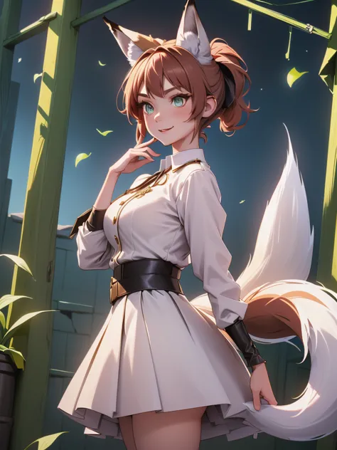 female fennek, with short brown and semi-copper hair, golden eyes, white skin, white angel wings, with three fennek fox tails, w...