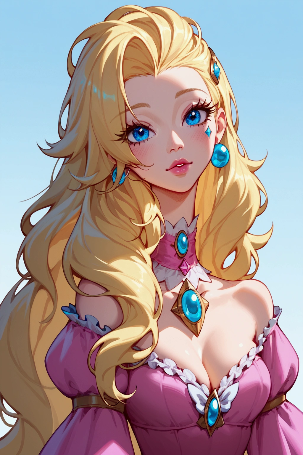 score_9, score_8_up, score_7_up, Seraphine (league of legends), 1 girl, blue eyes, blonde hair, sexy, full body, squinty eyes, earrings, long eyelashes, sexy, big bust, pretty face, dressed as peach (Mario Bros), pink dress