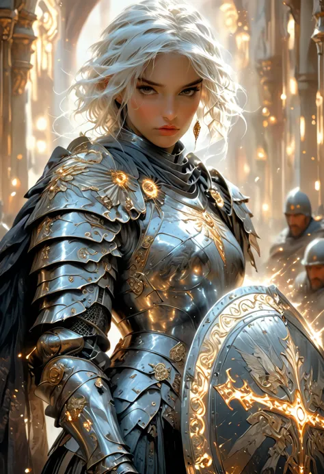 breathtaking a very detailed digital painting of a powerful knight in armor holding a large, shield decorated with heroic poses,...