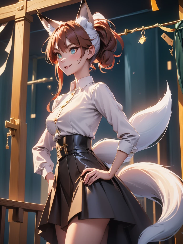 female fennek, with short brown and semi-copper hair, golden eyes, white skin, white angel wings, with three fennek fox tails, wearing a white long-sleeved button-down shirt, with a long black skirt, with an evil and happy expression, medium-sized fennek ears